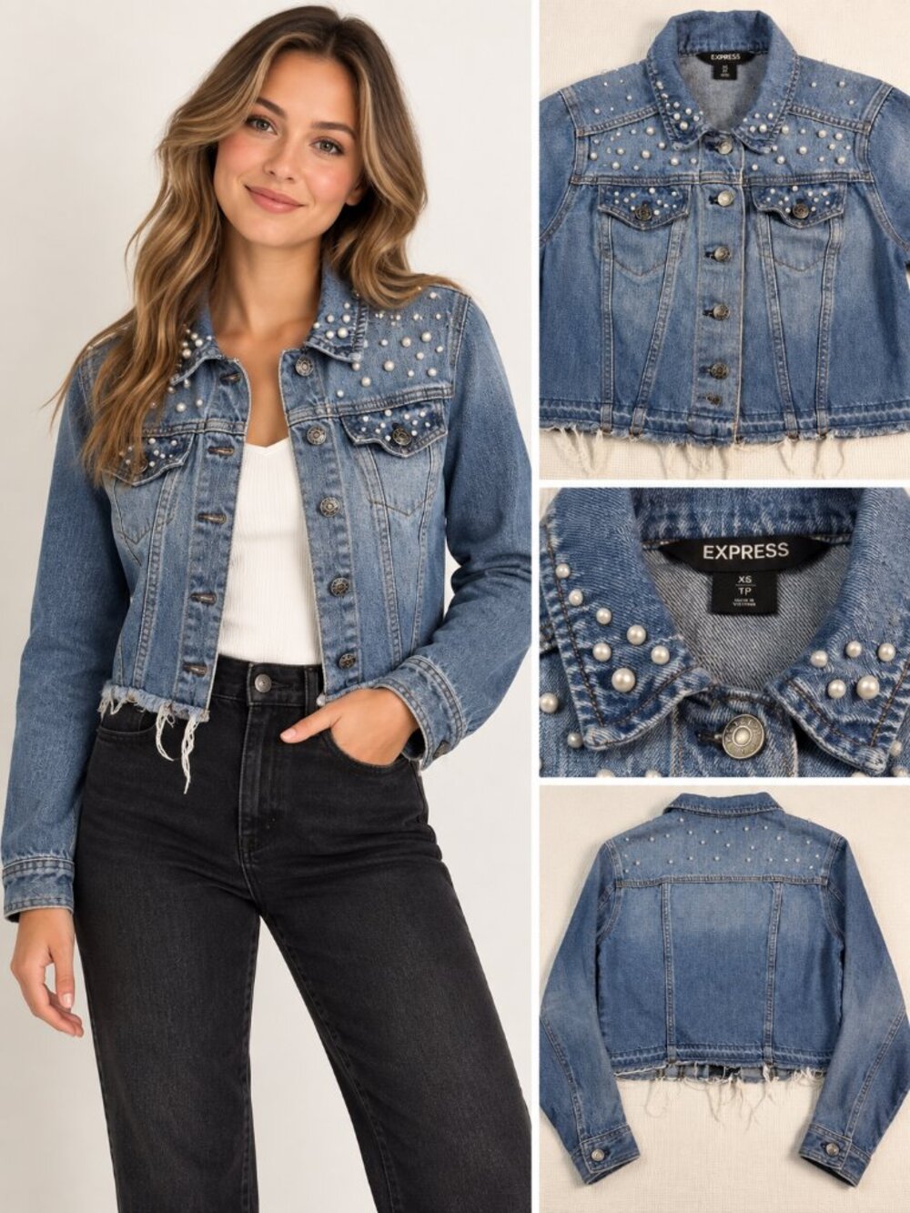 Express Pearl Embellished Cropped Denim Jacket XS Raw Hem